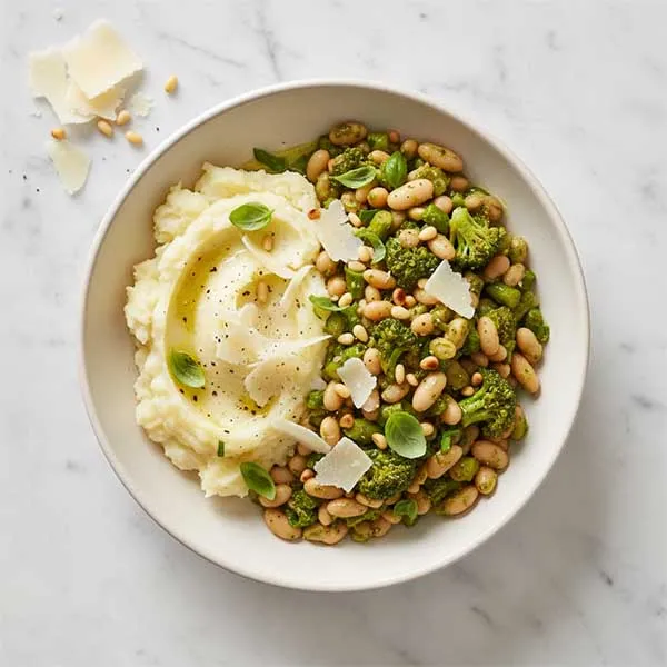 Veggie Green Pesto White Beans with Mashed Potato & Parmesan